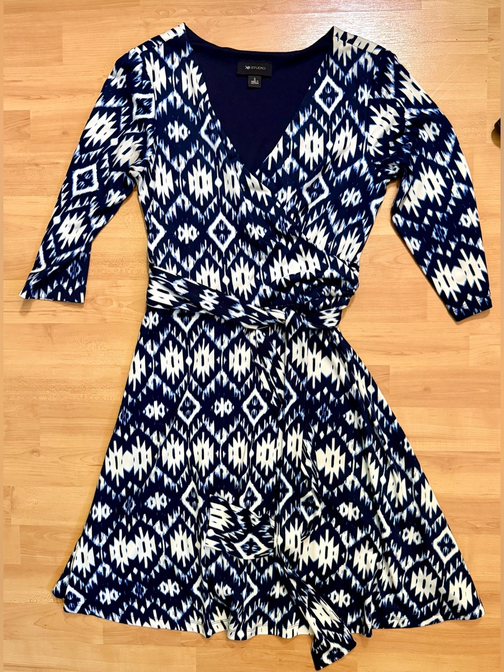 Faux Wrap Dress in Navy and White Print